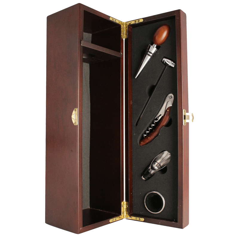 Single Bottle Wooden Box with 5 Piece Wine Accessories